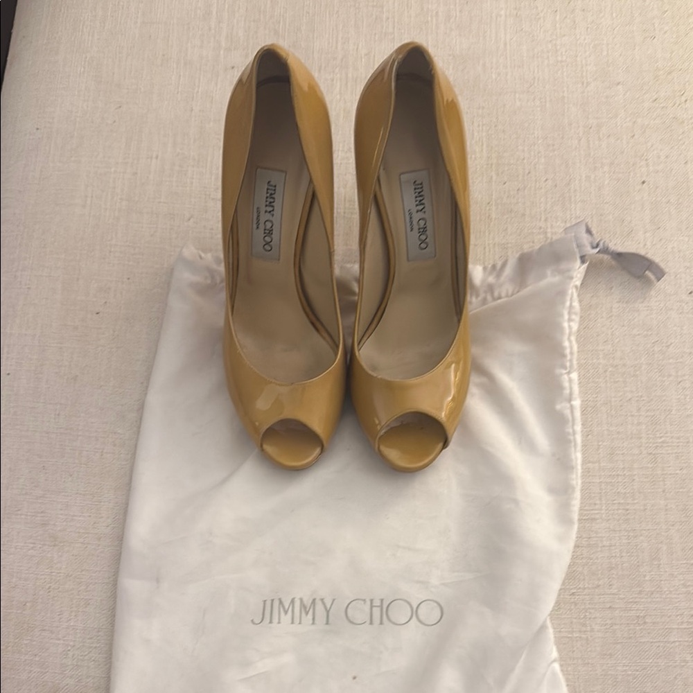 Jimmy Choo Women's Beige Patent Peep Toe Heels
